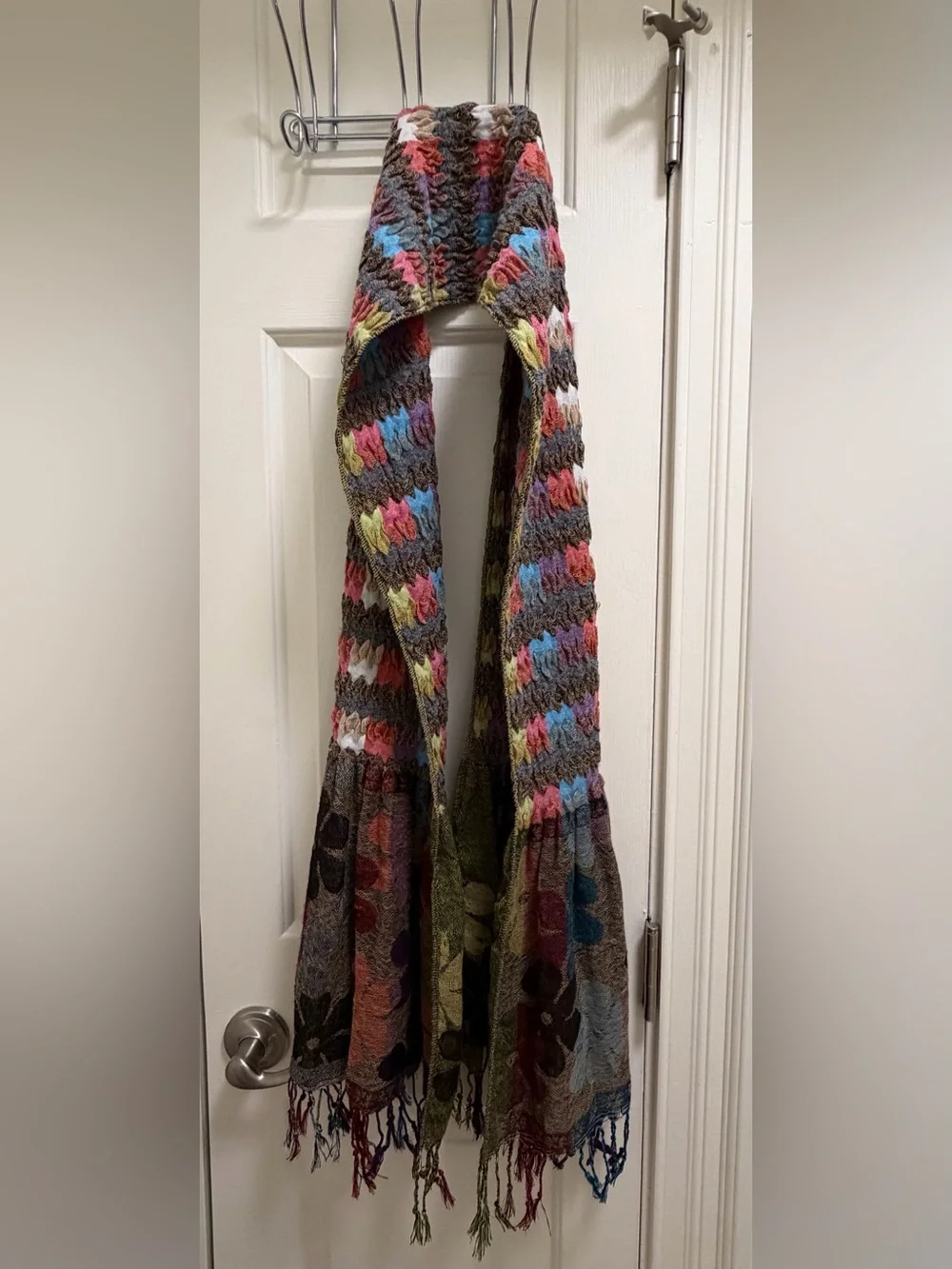 Multicolor Knit Fringe Scarf in Brown with Pink, Blue & Yellow Accents